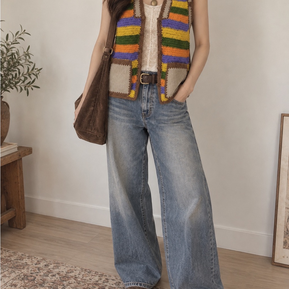 Vintage acrylic vest with leather pockets/accents
